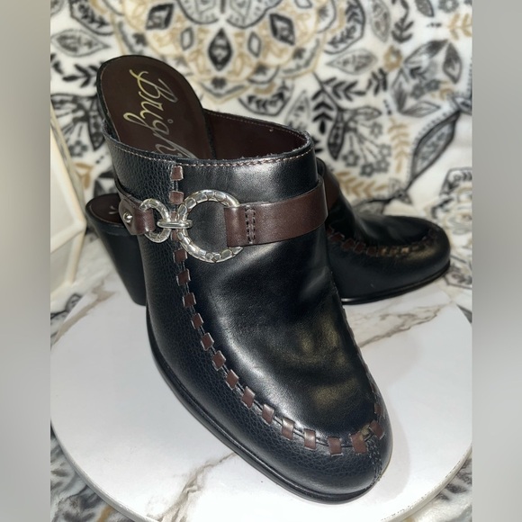 New Brighton Shoes Womens Sz9M Gemini Mules Blk/Brown Leather Block Heel SlipOns - Picture 2 of 16